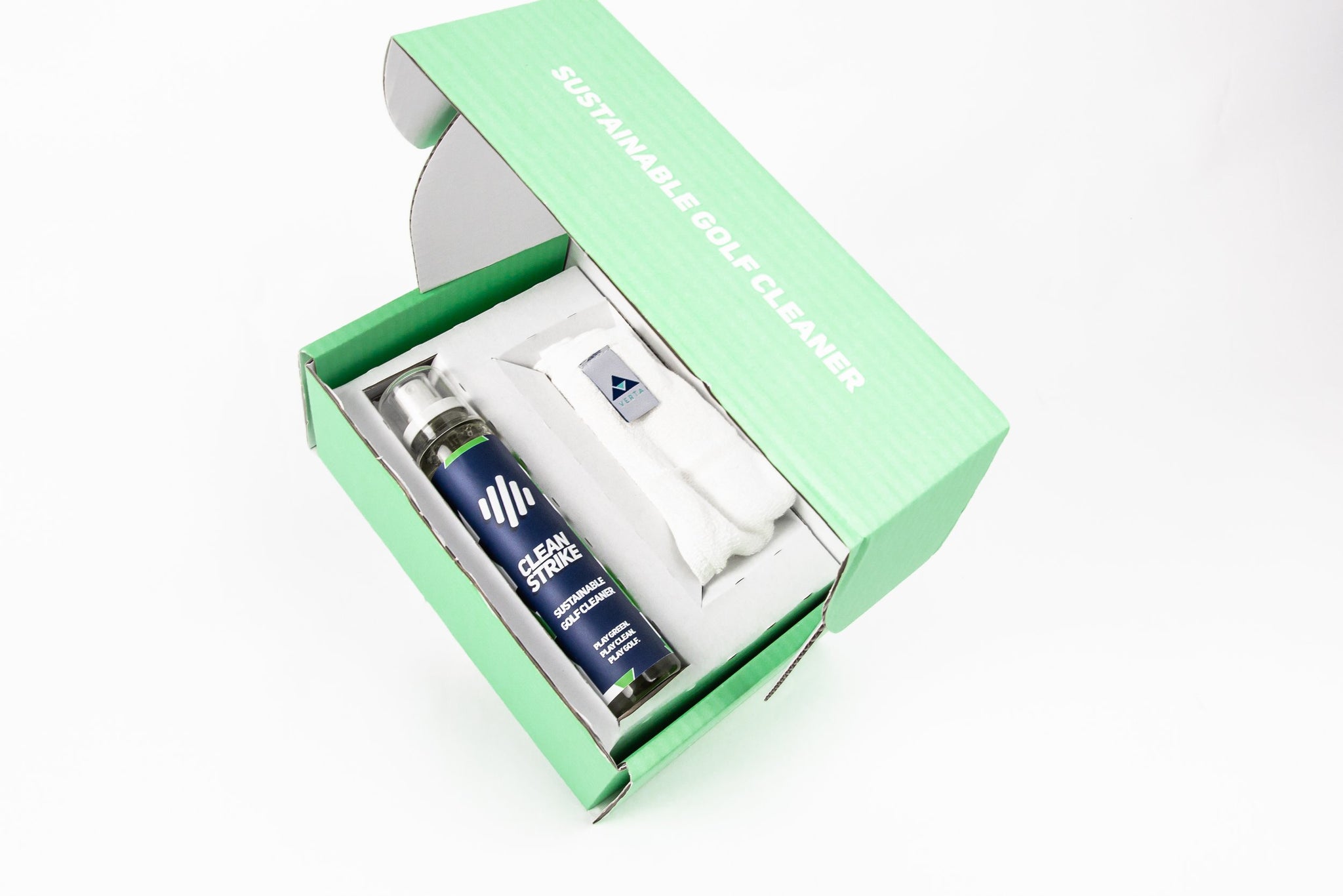 Verta Golf Bundle Box with golf club cleaner, bamboo tees, and eco-friendly golf accessories in a green sustainable packaging.
